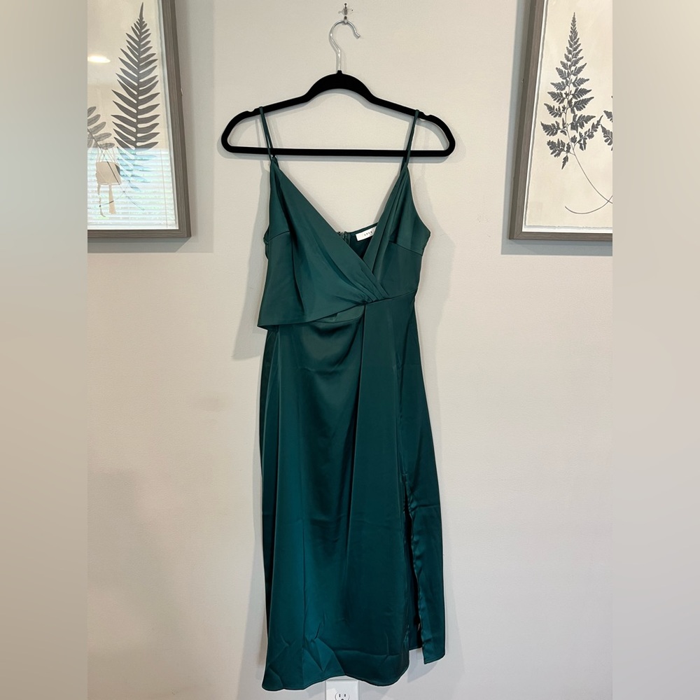 Lush - Green Satin MIDI Cocktail Dress with Leg Slit